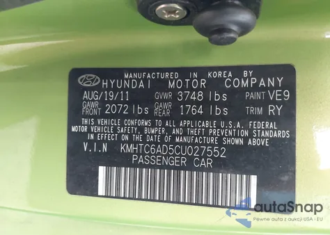 2012 Hyundai Veloster Base W/Black z USA, uszkodzony, nr VIN KMHTC6AD5CU027552